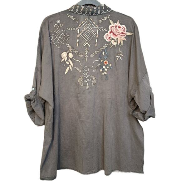 Kyla Seo XL Hand-Embroidered Cotton Tunic Shirt Gray Boho Artisan Blouse - Picture 2 of 16